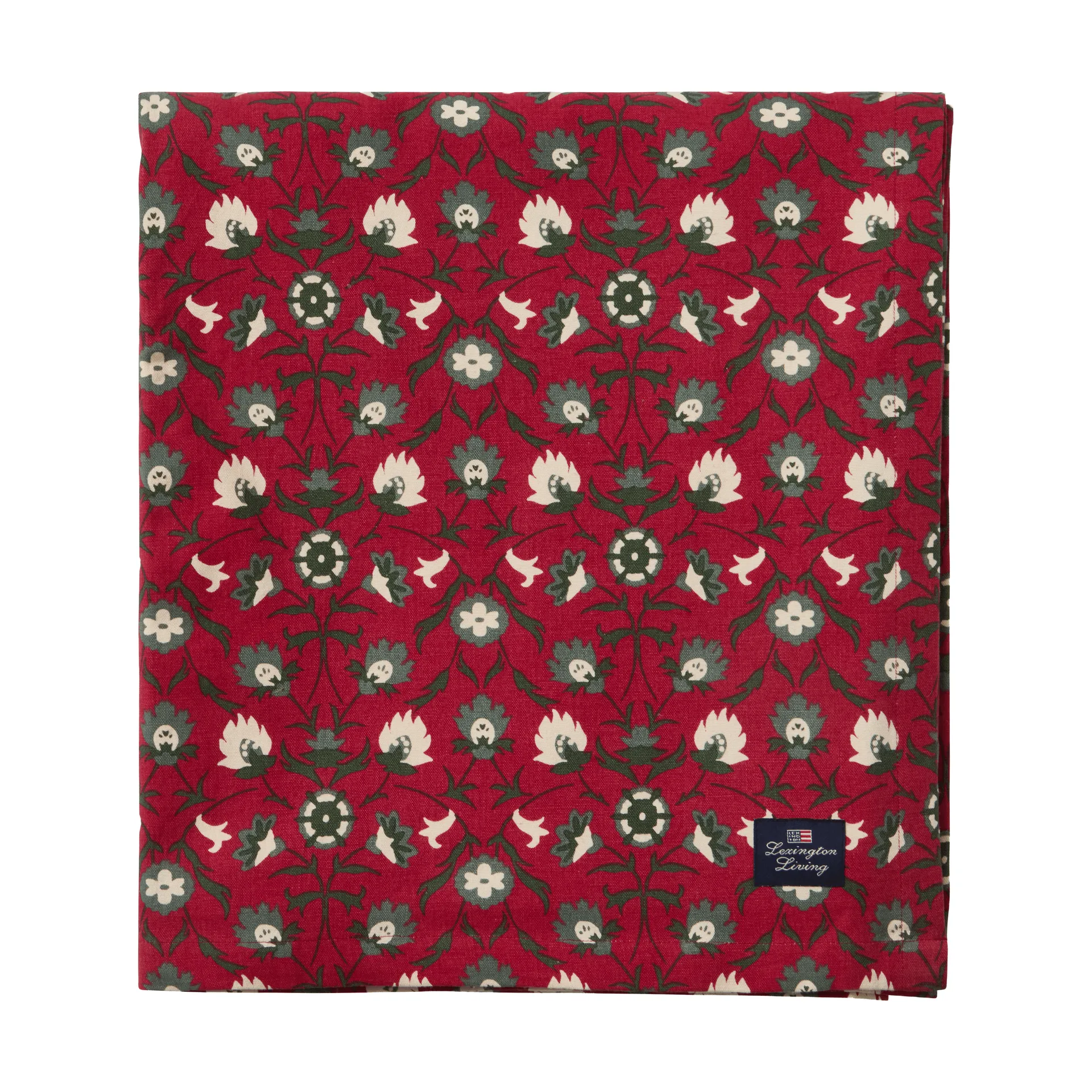 Kukkakuosinen luomupuuvillapöytäliina, Punainen–beige–vihreä, 150x250 cm Lexington