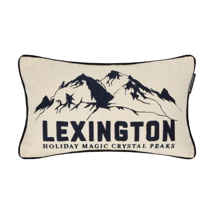 Mountains Logo -kuvioinen villasekoitekoristetyyny - White-navy, 50x30 cm - Lexington