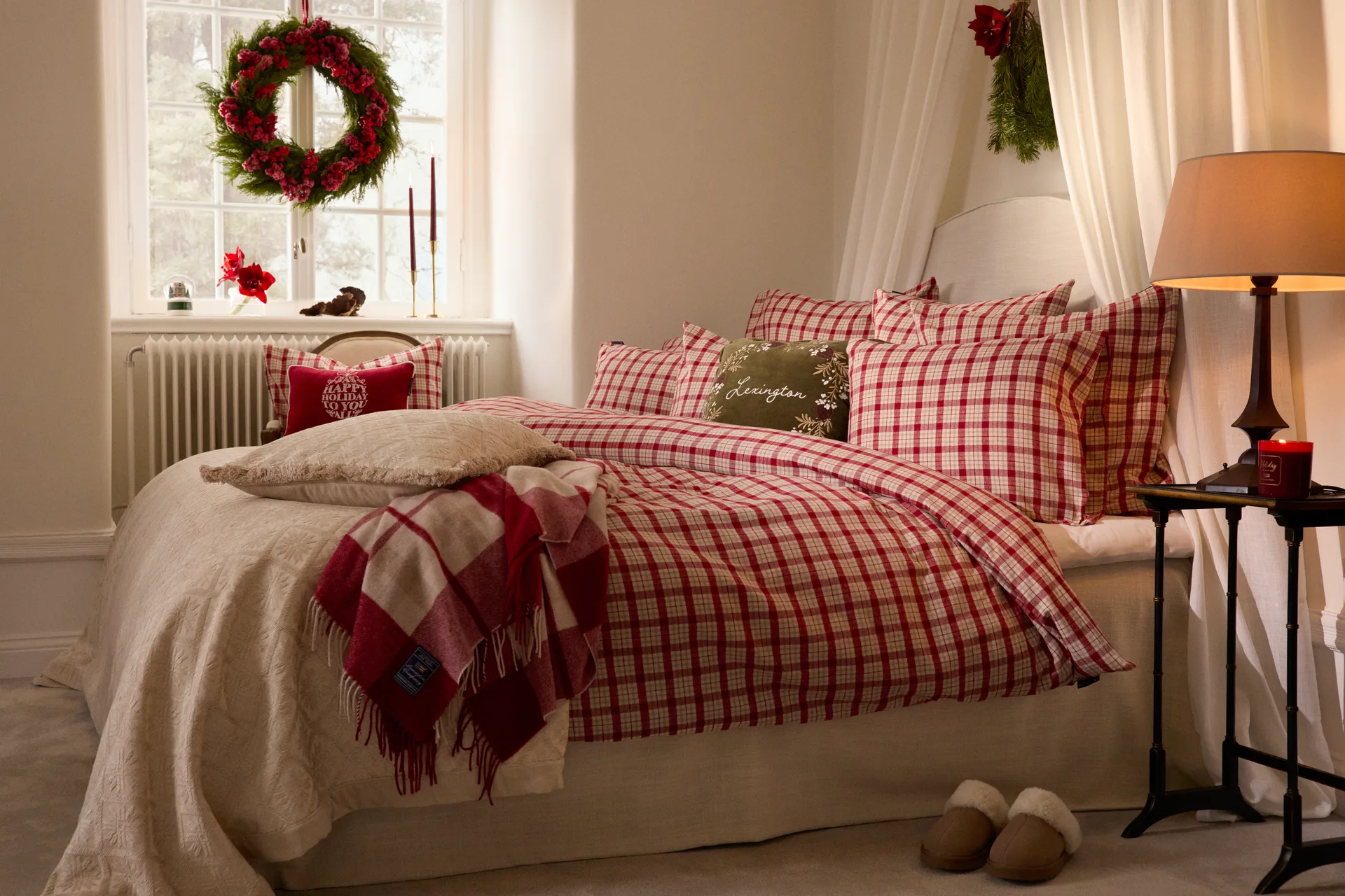 Punabeige ruudullinen puuvillaflanellipussilakanasetti 2 osaa, 50x60 cm, 150x210 cm Lexington