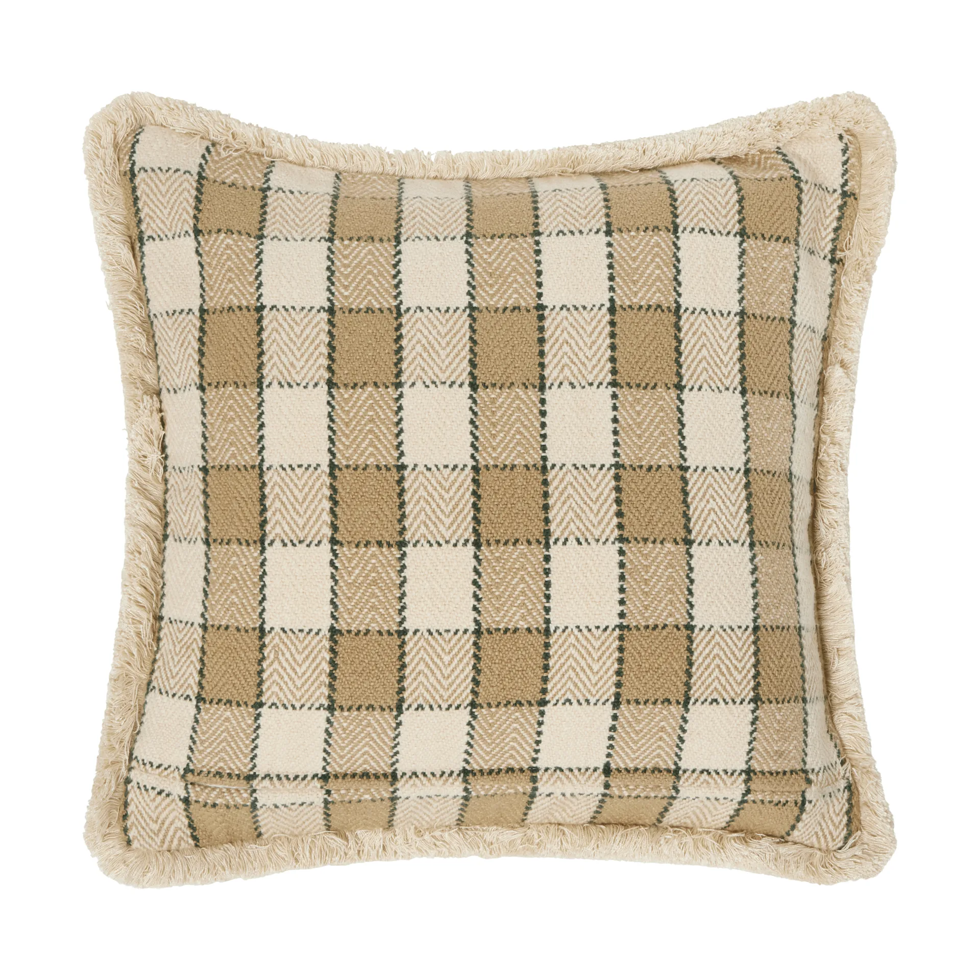 Ruudullinen luomupuuvillainen hapsureunainen tyynynpäällinen, Beige–vaaleabeige–vihreä Lexington
