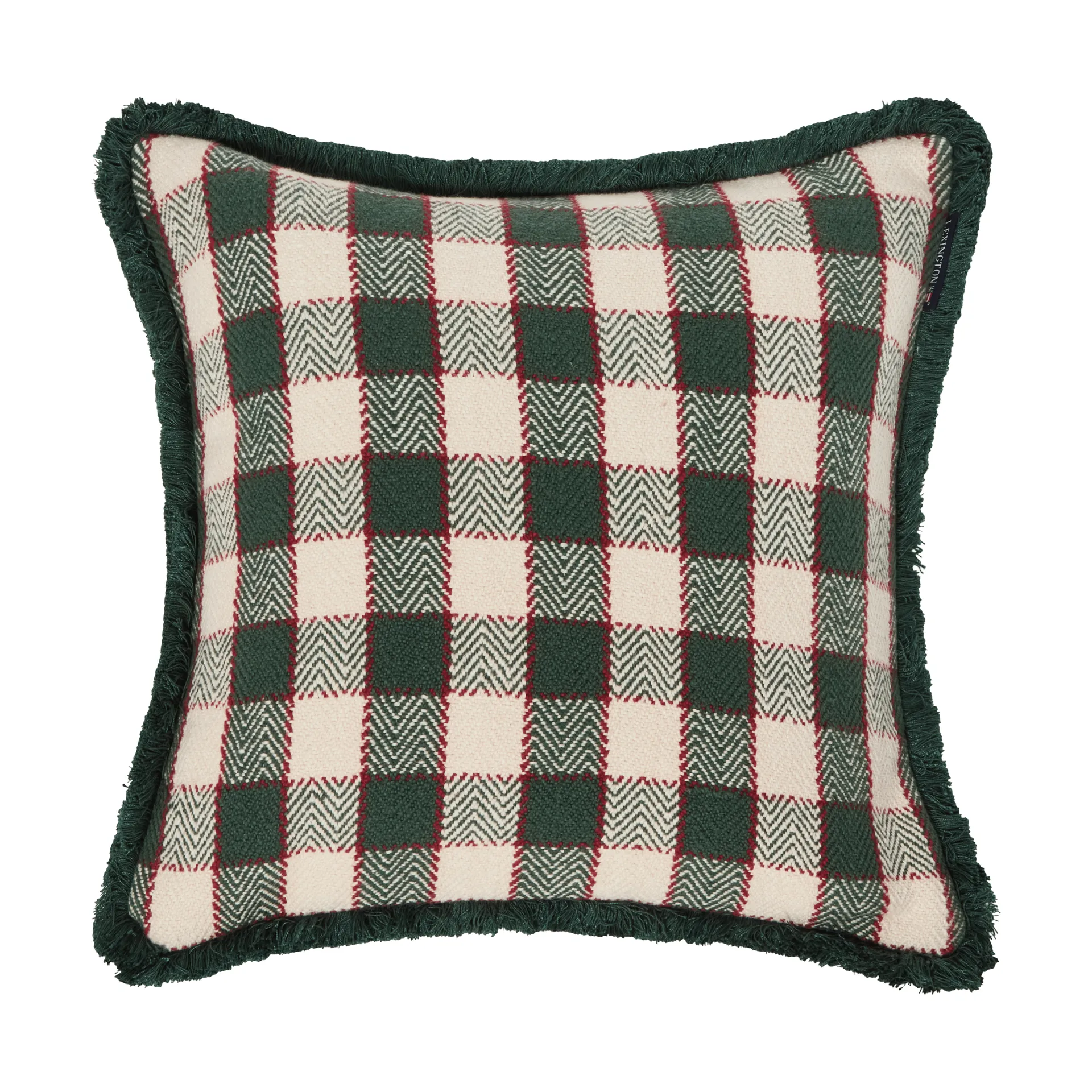 Ruudullinen luomupuuvillainen hapsureunainen tyynynpäällinen, Green–vaalea beige–punainen Lexington