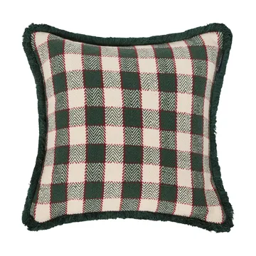 Ruudullinen luomupuuvillainen hapsureunainen tyynynpäällinen - Green–vaalea beige–punainen - Lexington