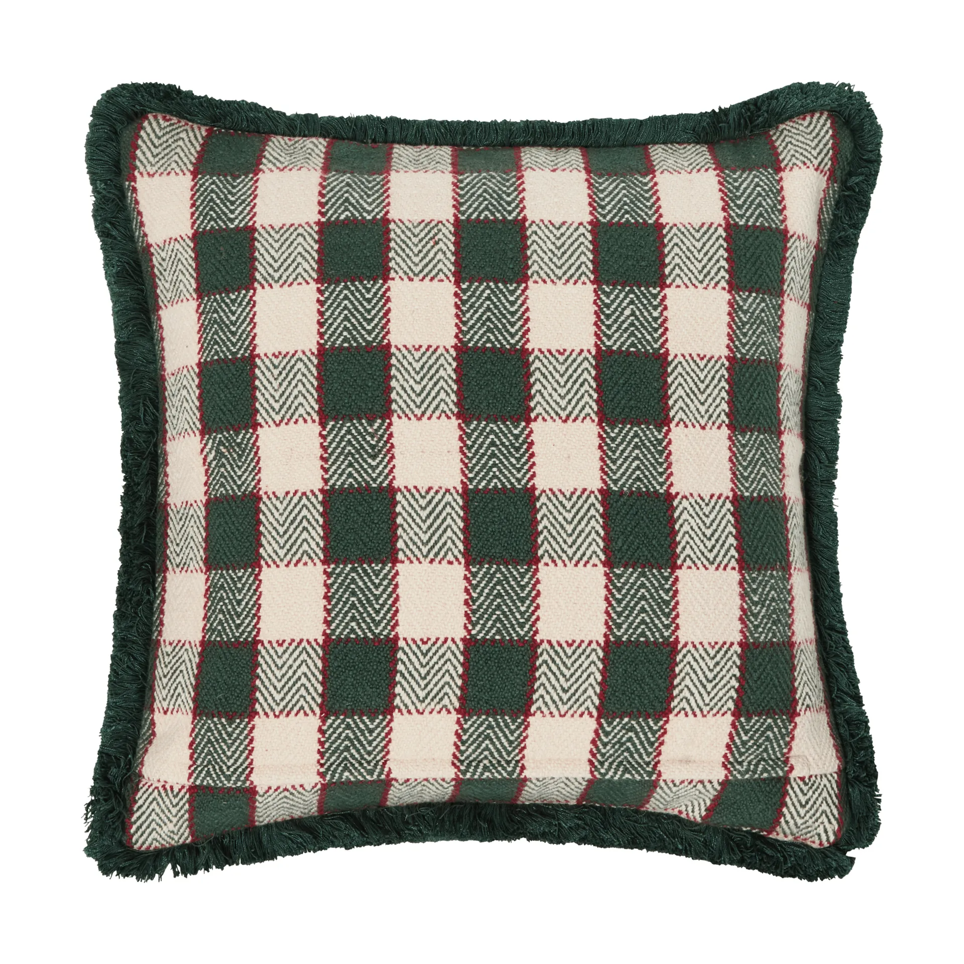 Ruudullinen luomupuuvillainen hapsureunainen tyynynpäällinen, Green–vaalea beige–punainen Lexington