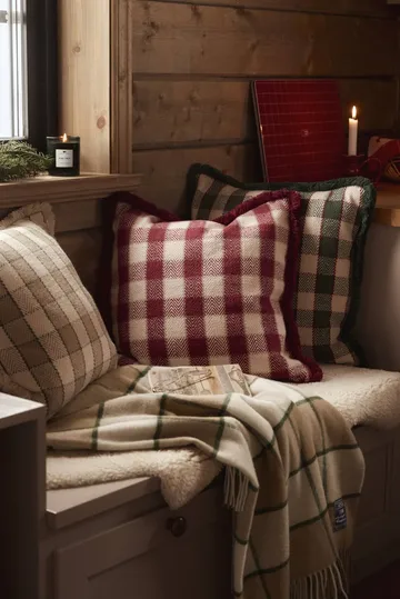 Ruudullinen luomupuuvillainen hapsureunainen tyynynpäällinen - Red-light beige–beige - Lexington