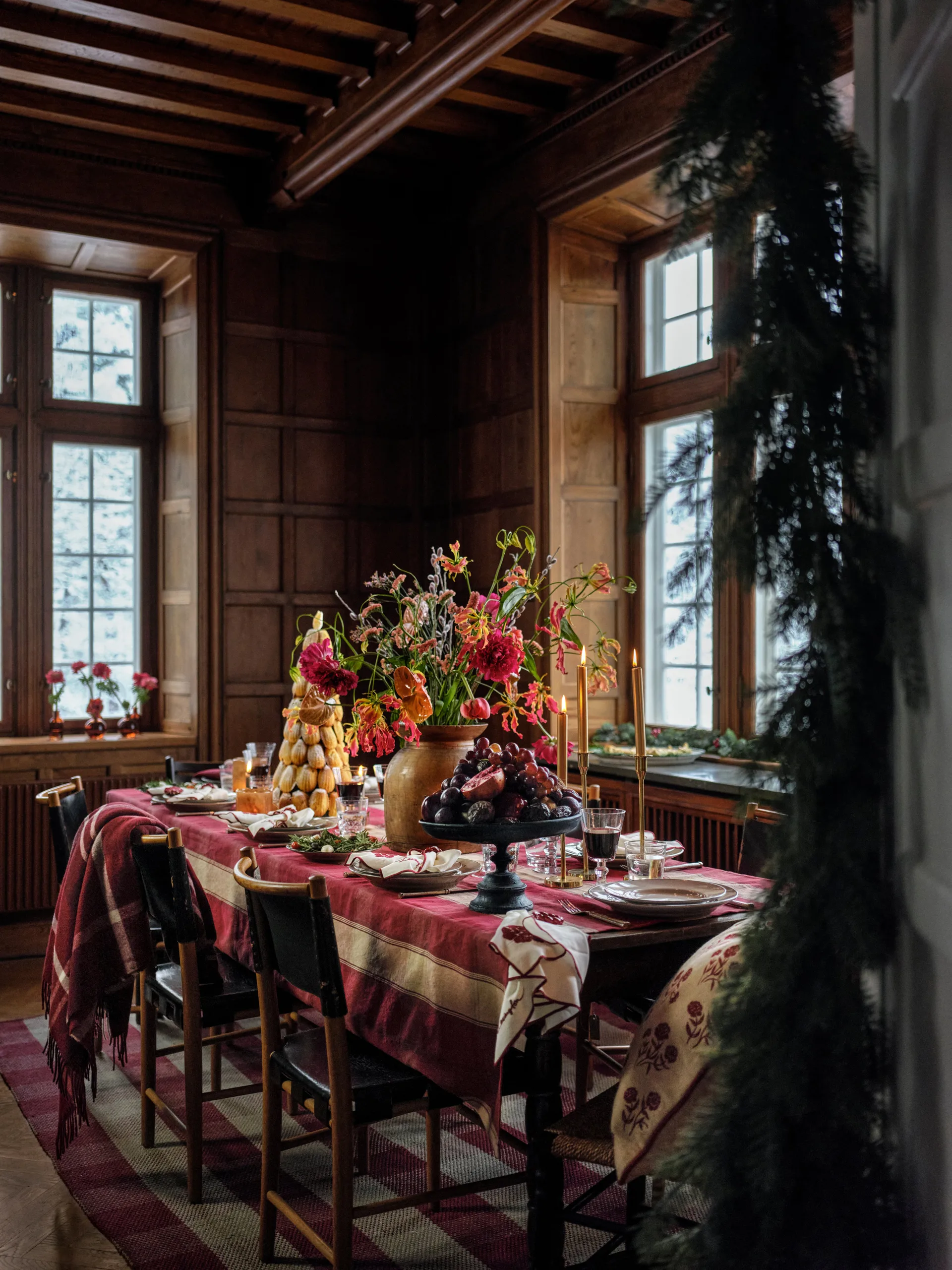 Ruudullinen pellava-puuvilla pöytäliina 150x250 cm, Punabeige Lexington