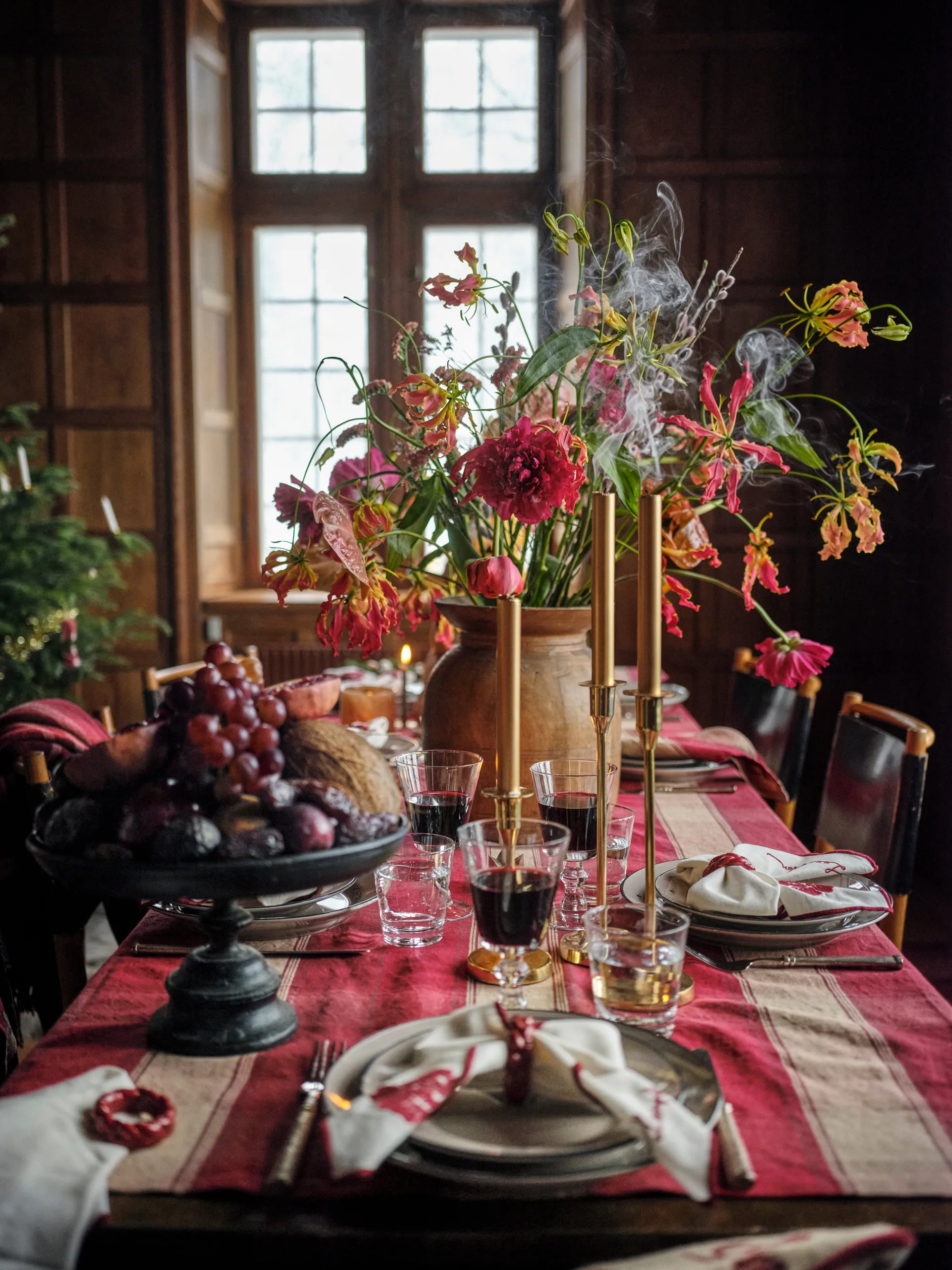 Ruudullinen pellava-puuvilla pöytäliina 150x250 cm, Punabeige Lexington