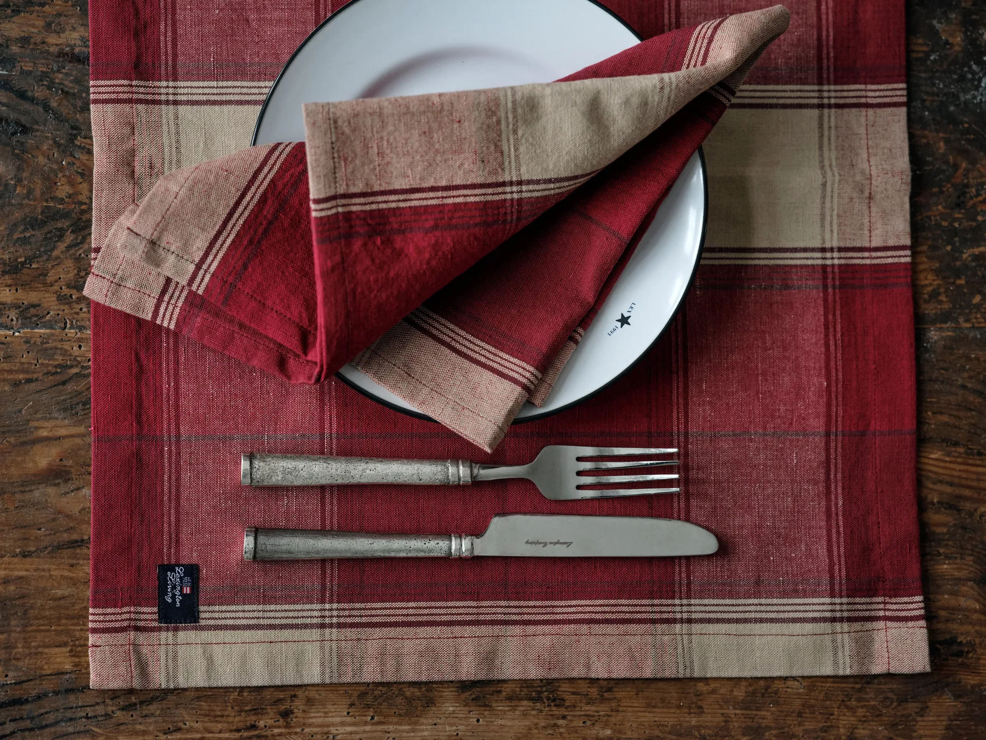 Ruudullinen pellava-puuvilla pöytätabletti 40x50 cm, Punabeige Lexington