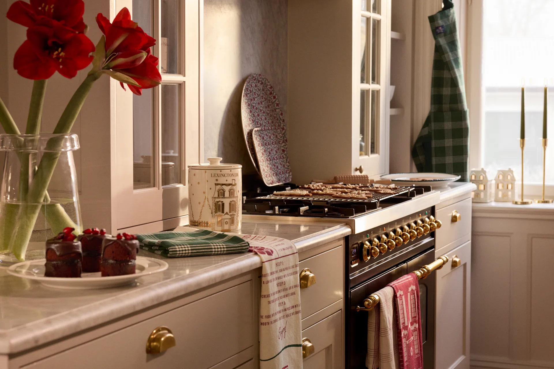 Ruudullinen pellava/puuvilla keittiöpyyhe 50x70 cm, Valkoinen–punainen Lexington