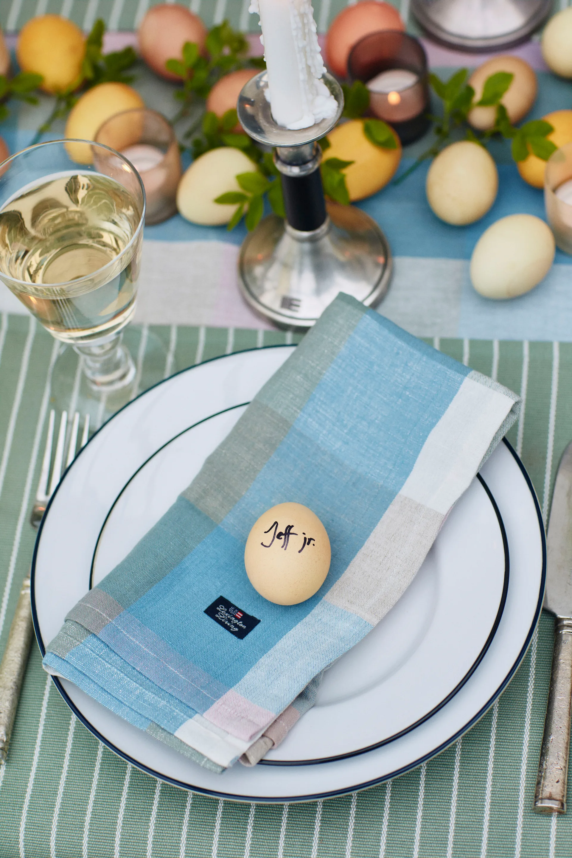 Striped Organic Cotton Rips -pöytätabletti 50x250 cm, Green-white Lexington