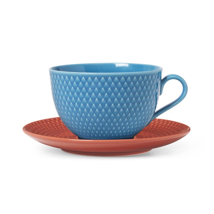 Rhombe teekuppi aluslautasella - Sininen-terrakotta - Lyngby Porcelæn