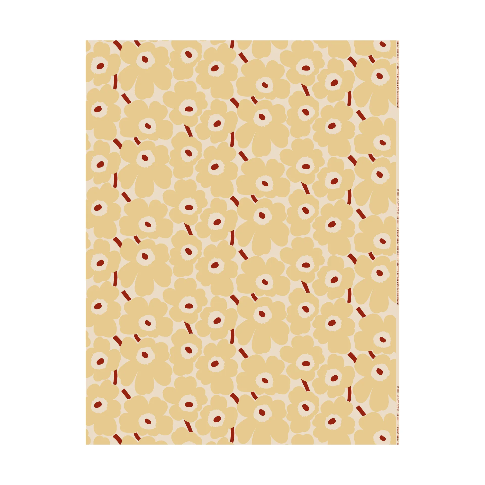 Pieni Unikko kangas puuvilla, Cotton-butter yellow-d.red Marimekko
