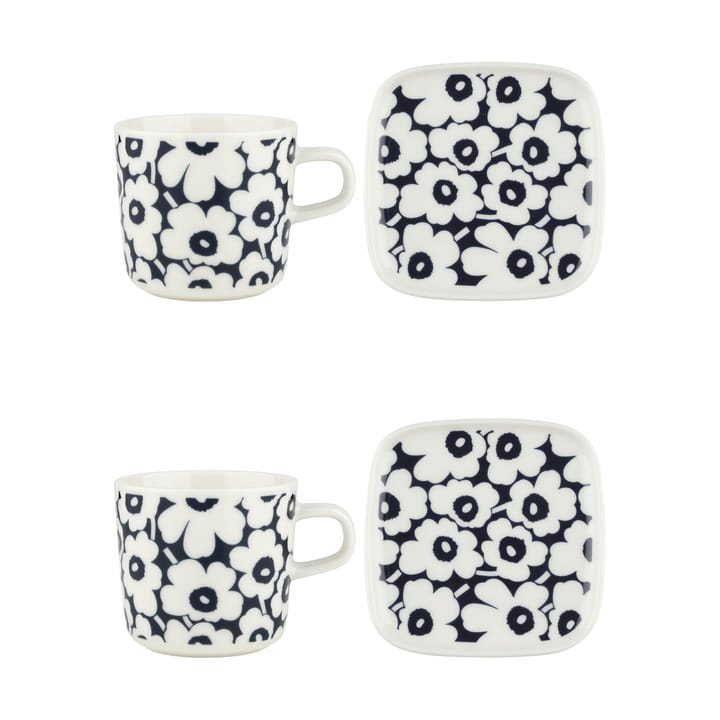 Pikkuinen Unikko kuppi ja lautanen setti 20 cl 4 osaa, Dark blue-white Marimekko