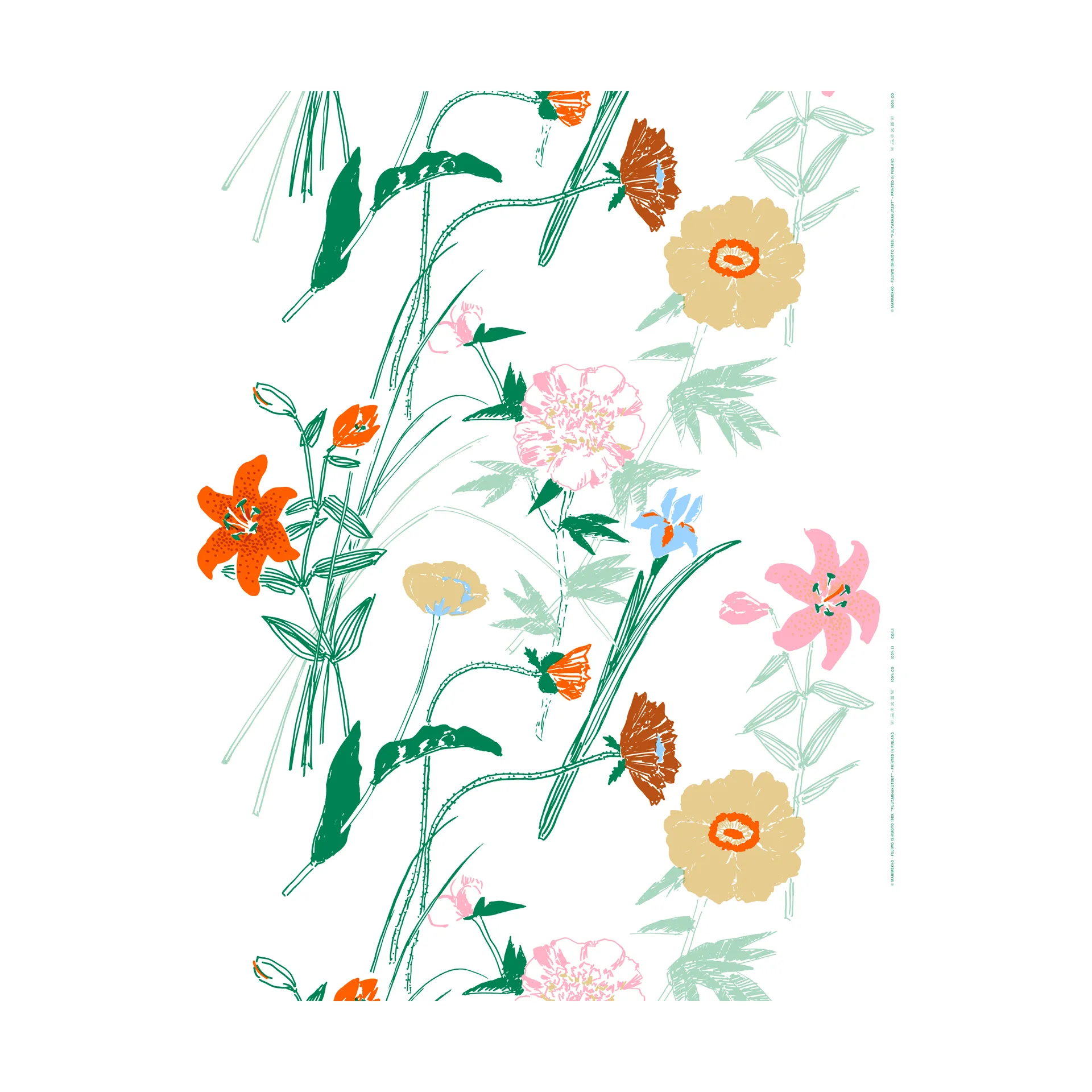 Puutarhakutsut puuvillakanga, White-green-orange Marimekko