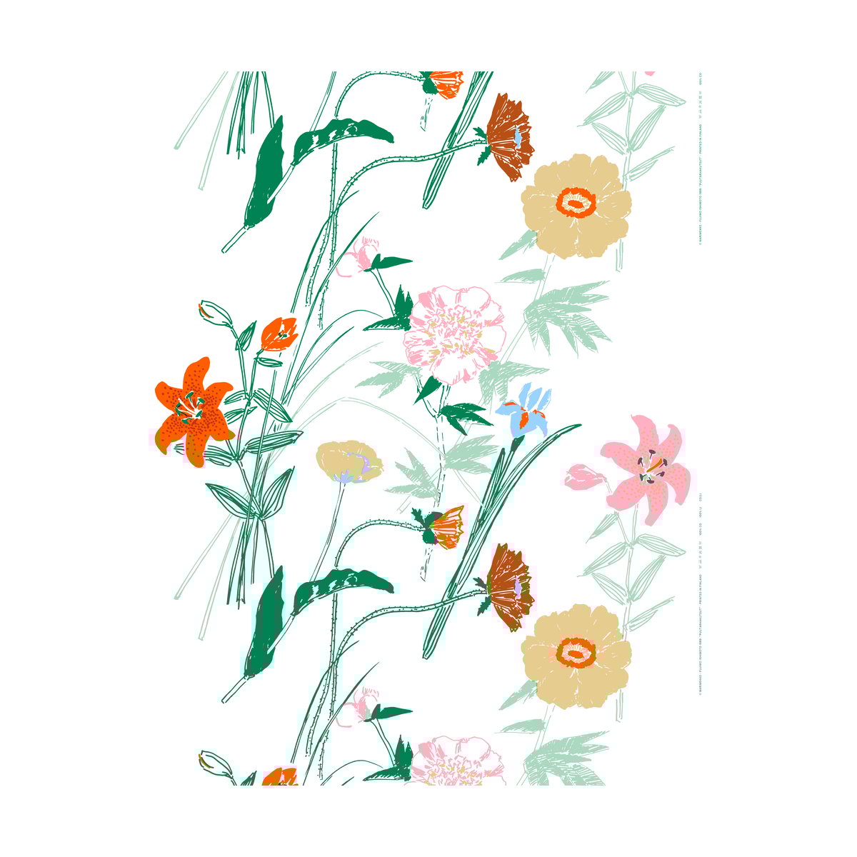Marimekko Puutarhakutsut puuvillakanga White-green-orange
