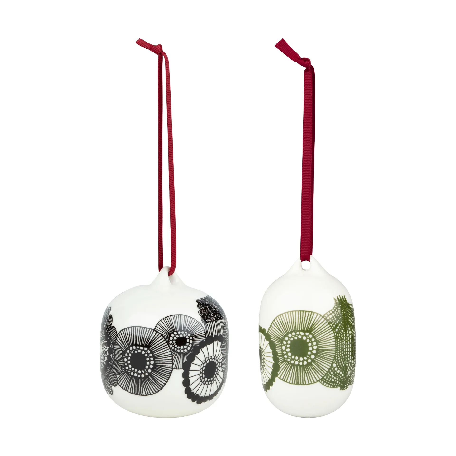 Siirtolapuutarha joulupallot 2025 2 osaa, Valkoinen musta vihreä Marimekko