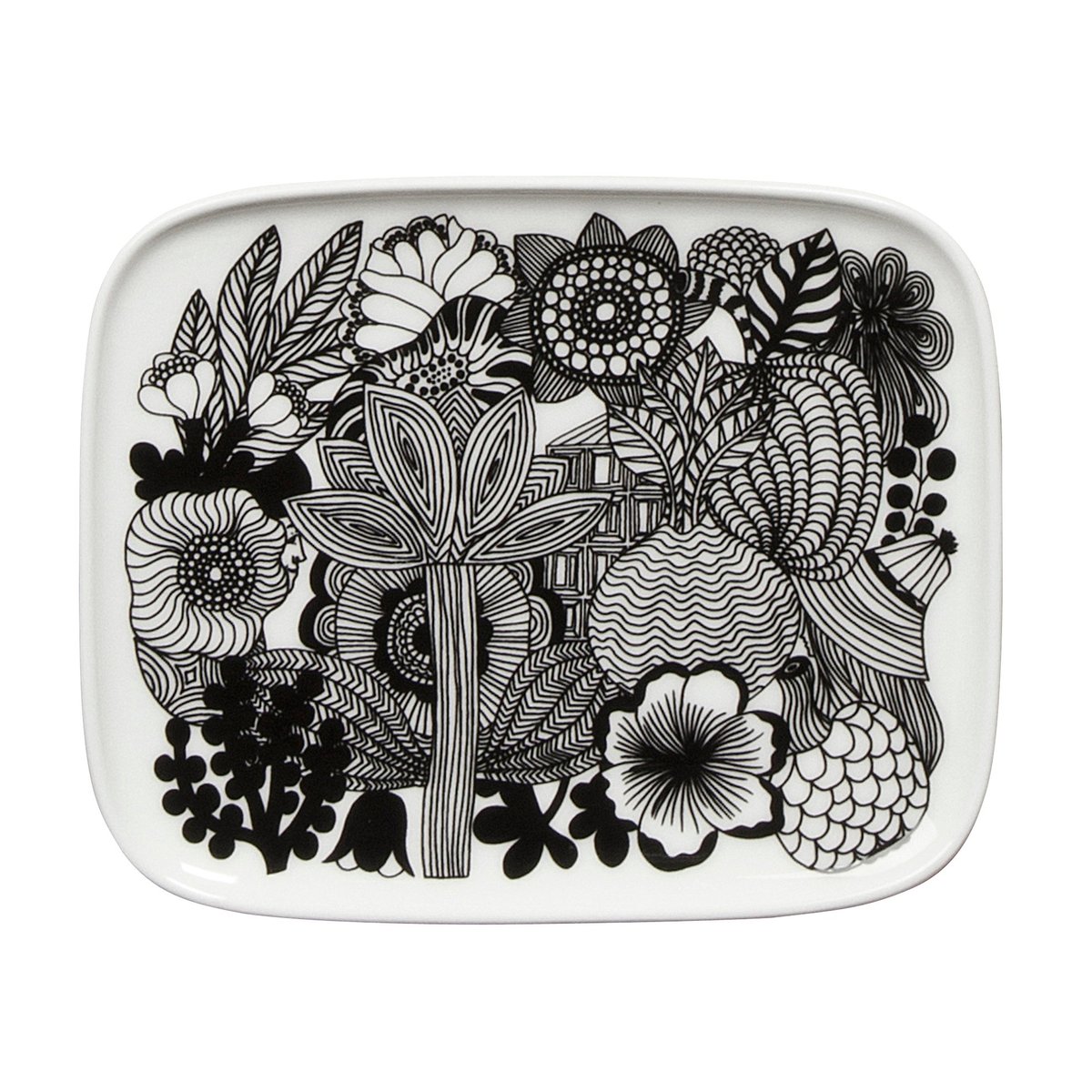 Marimekko Siirtolapuutarha lautanen 15x12 cm musta-valkoinen