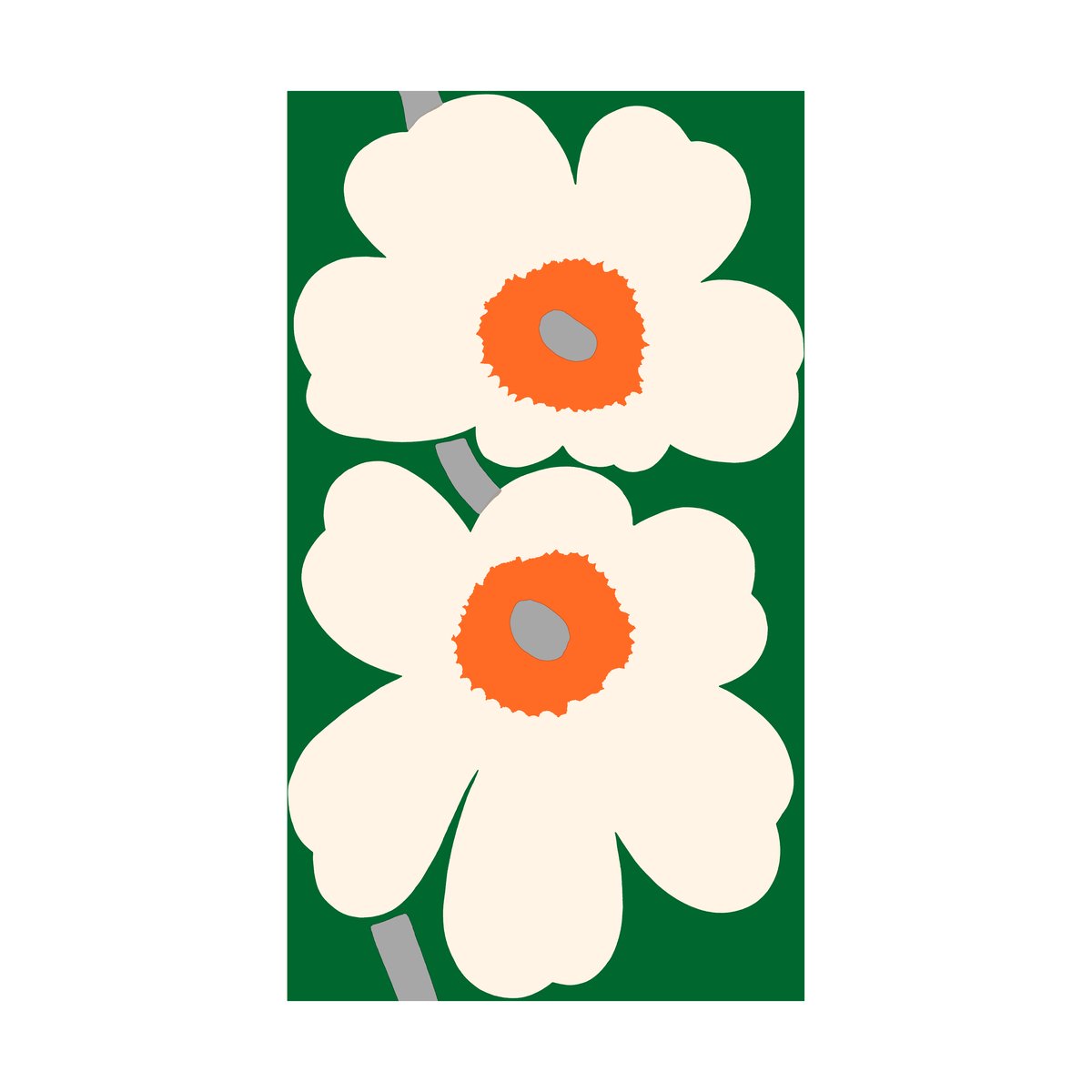 Marimekko Unikko 60-vuotisjuhlapainos kangas puuvillasatiini Green-off white-orange