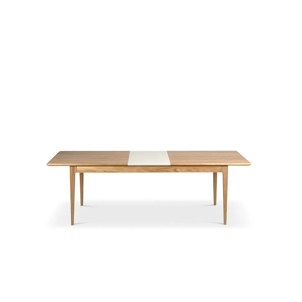 Höllviken ruokapöytä, Tammen valkoinen pigmentoitu mattalakkapinta 1 lisäosa beige MDF á 50 cm Mavis