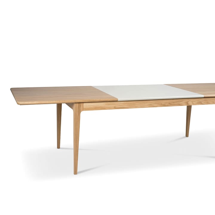 Höllviken ruokapöytä, tammi valkoinen pigmenttilakka mattapintainen, 2 jatkolevyä, beige MDF á 50 cm Mavis