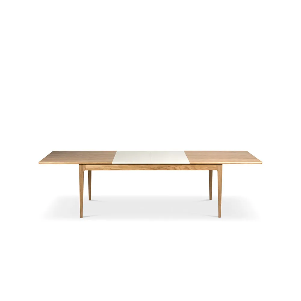 Höllviken ruokapöytä, tammi valkoinen pigmenttilakka mattapintainen, 2 jatkolevyä, beige MDF á 50 cm Mavis