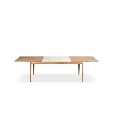 Höllviken ruokapöytä - tammi valkoinen pigmenttilakka mattapintainen, 2 jatkolevyä, beige MDF á 50 cm - Mavis