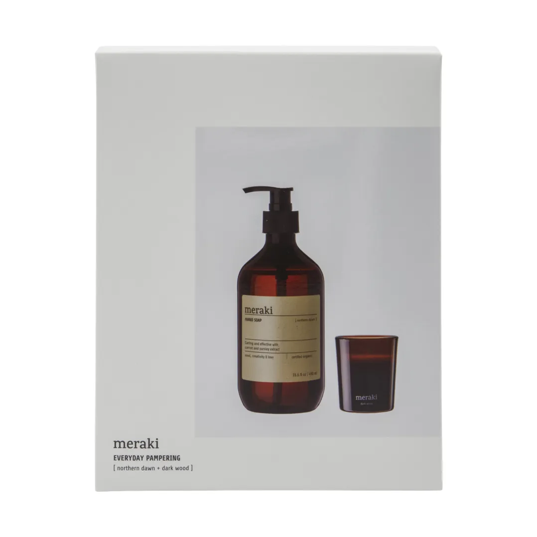 Meraki lahjasetti käsisaippua ja tuoksukynttilä, Northern dawn + tumma puu Meraki