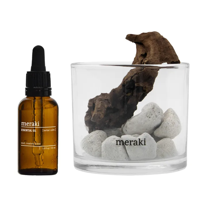 Meraki tuoksunlevitin laavakivi ja puu sis. öljyn - Herbal calm, valkoinen - Meraki