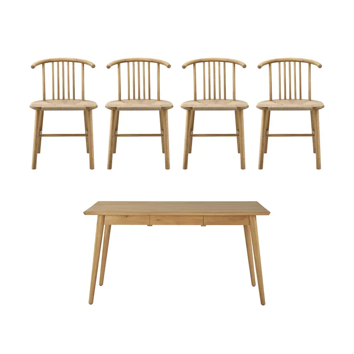 VIOR ruokapöytä 120 cm + tuoli 4‑pakkaus – Lakattu tammi‑naturel - NJRD