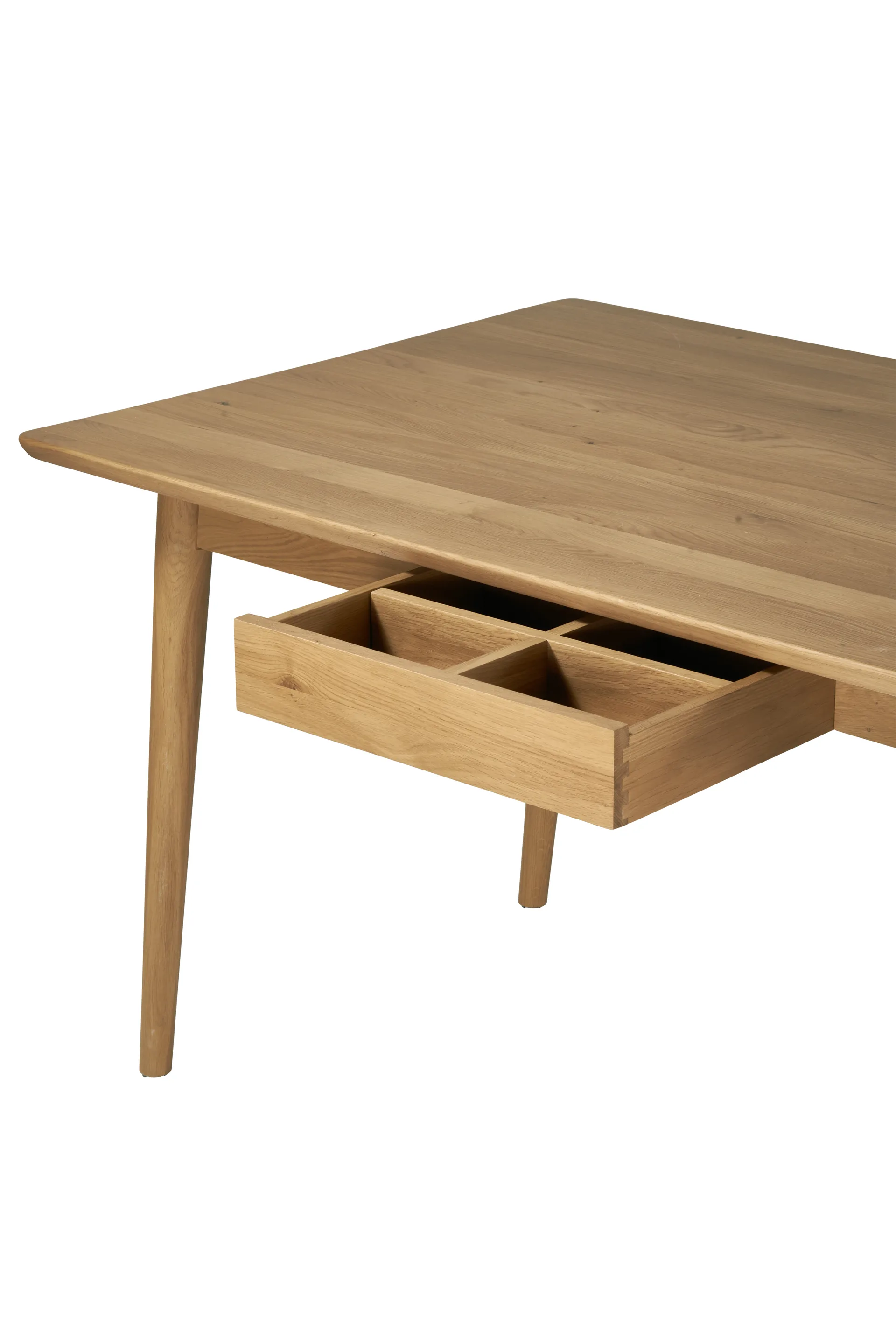 VIOR ruokapöytä 120 cm + tuoli 4‑pakkaus – Lakattu tammi‑naturel,  NJRD
