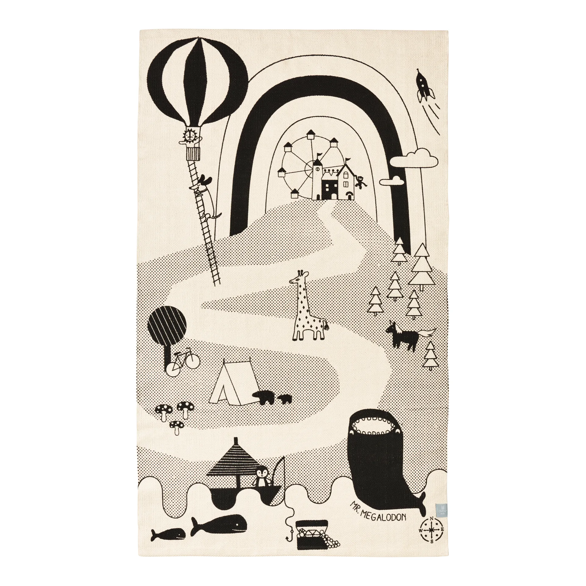 Mr. Megalodon Adventure -matto 90x150 cm, Off white-musta OYOY