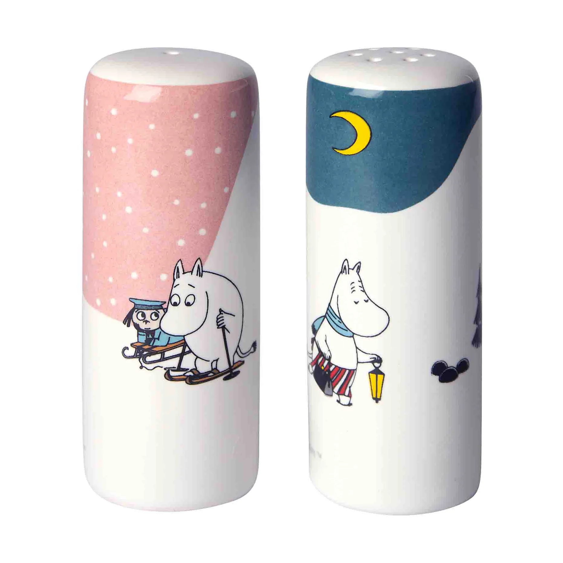 Muumien talvi suola- ja pippurisetti, Rosa-sinivalkoinen Pluto Design