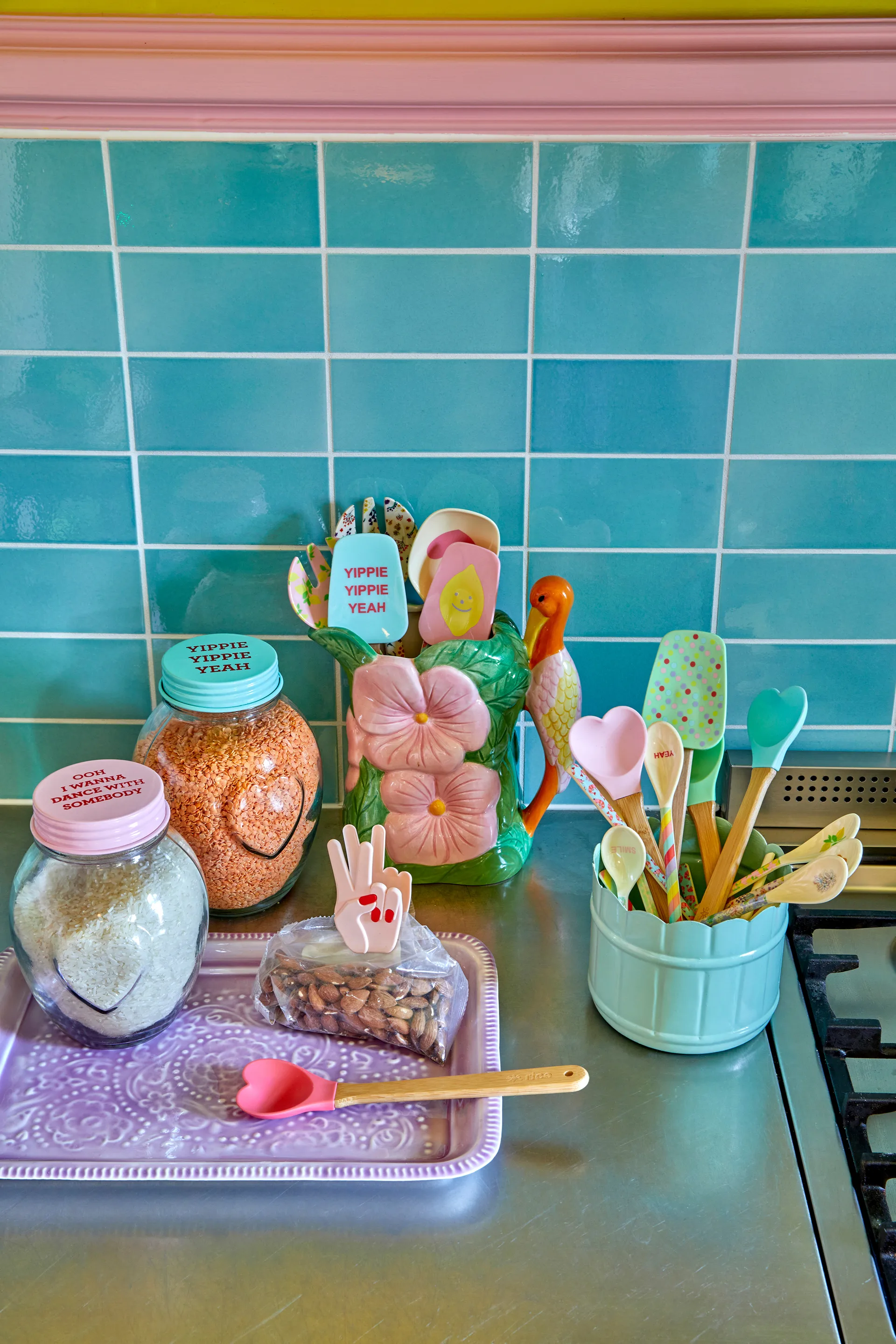 Rice silikonilusikka bambuvarrella 23 cm 2 osaa, Red-pink RICE