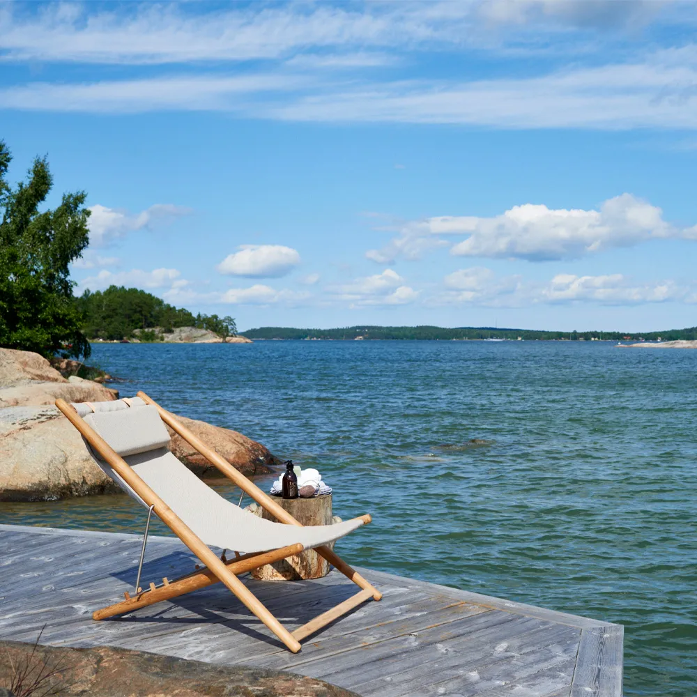 H55 lepotuoli tiikki, Sunbrella Heritage Leaf green Skargaarden