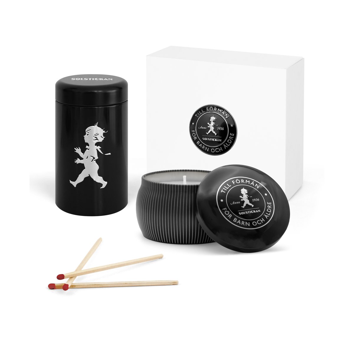 Solstickan Design Solstickan lahjapakkaus tuoksukynttilä + tulitikkuaski Musta-tuoksukynttilä setripuu