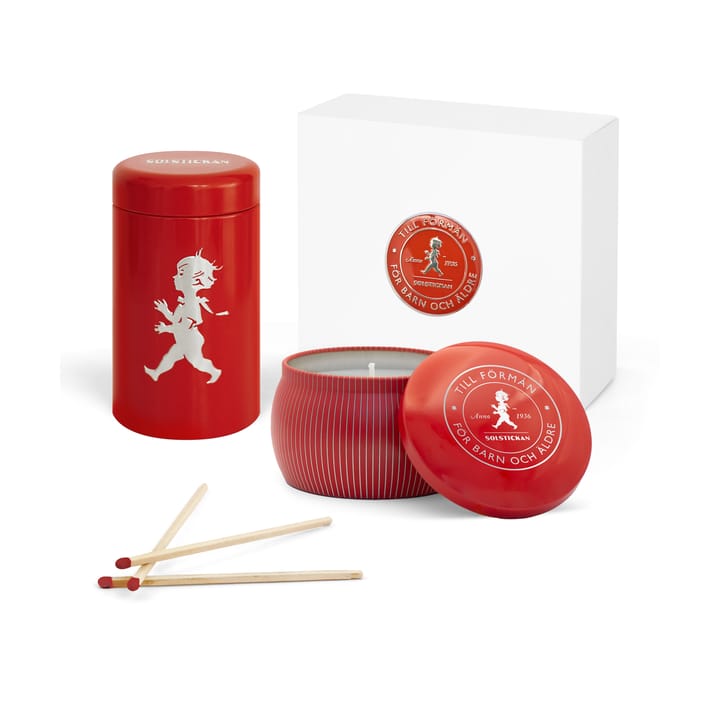 Solstickan lahjapakkaus tuoksukynttilä + tulitikkuaski - Punainen-tuoksukynttilä kaneli & appelsiini - Solstickan Design