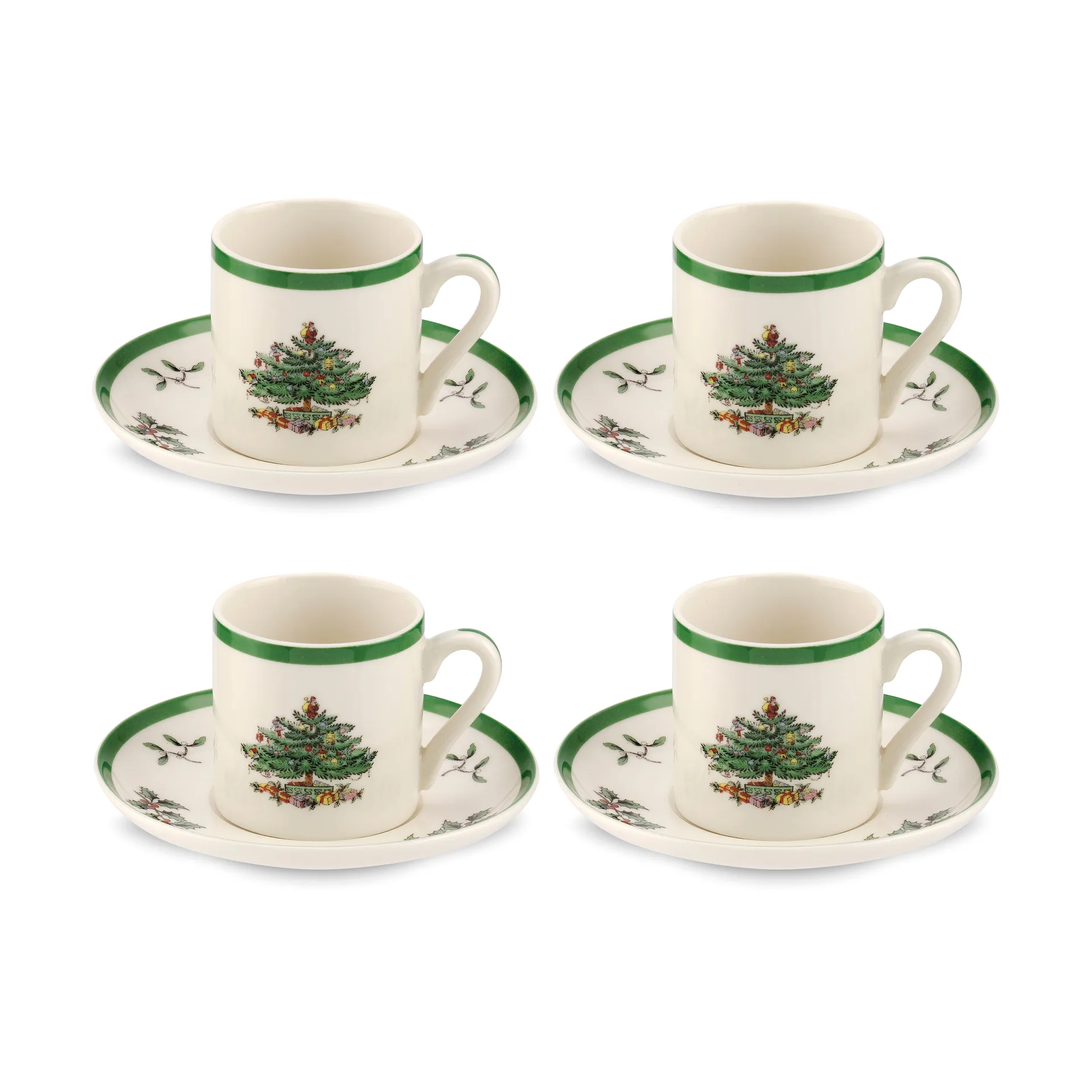 Christmas Tree espressokuppi aluslautasella 9 cl 4-pakkaus, White-green-red Spode