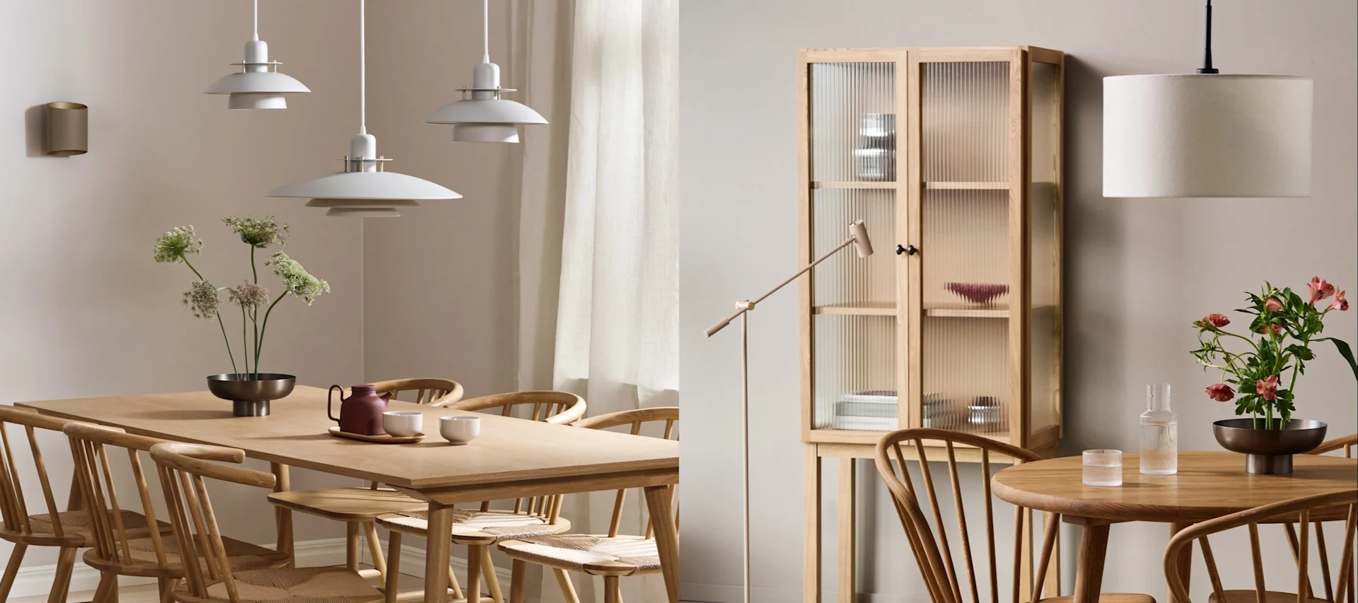 Tässä näet kaksi erilaista ruokasalin valaistusideaa japandi-tyyliin. Toisessa on pitkä ruokapöytä ja valaisinryhmä ja toisessa pyöreä pöytä ja pyöreä valaisin.