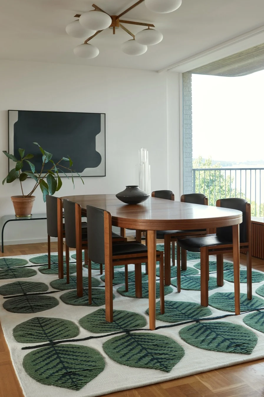 Matot ruokasaliin: Layeredin Stig Lindberg Berså -villamatto näyttää upealta tummilla puukalusteilla sisustetussa ruokasalissa.