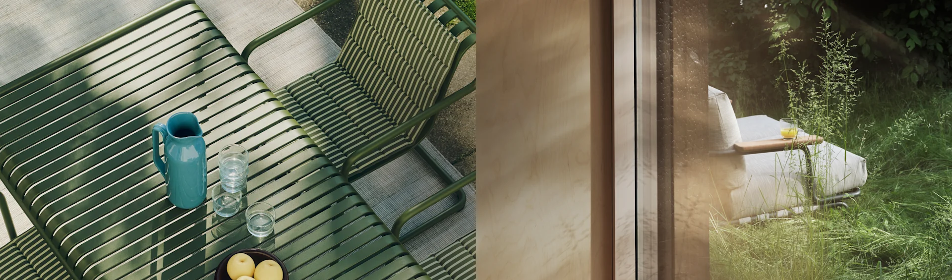 Jaettu kuva: vihreä lamellipöytä ulkona kannun, lasien ja hedelmien kera. Oikealla: valkoinen lepotuoli vehreässä puutarhassa ikkunan läpi.