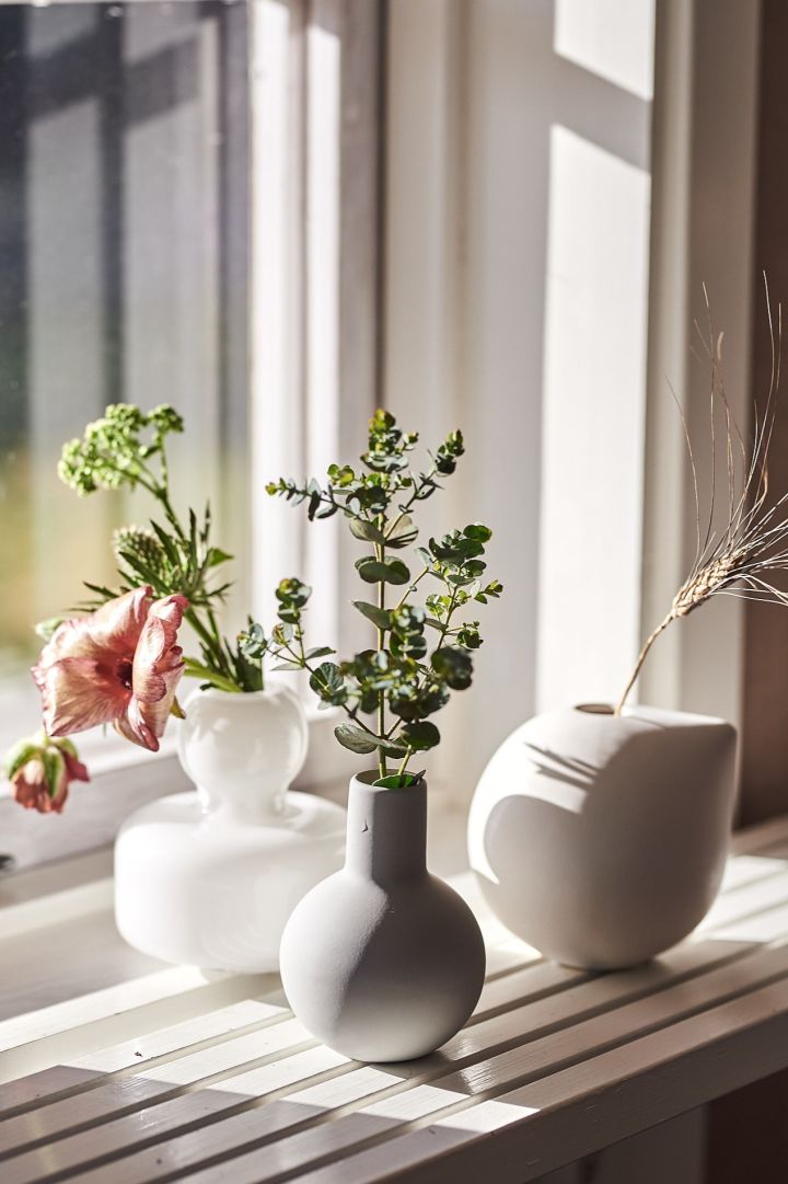 Ikkunalaudalla on useita pieniä maljakoita yksittäisille kukille tai pienille kukkakimpuille. 