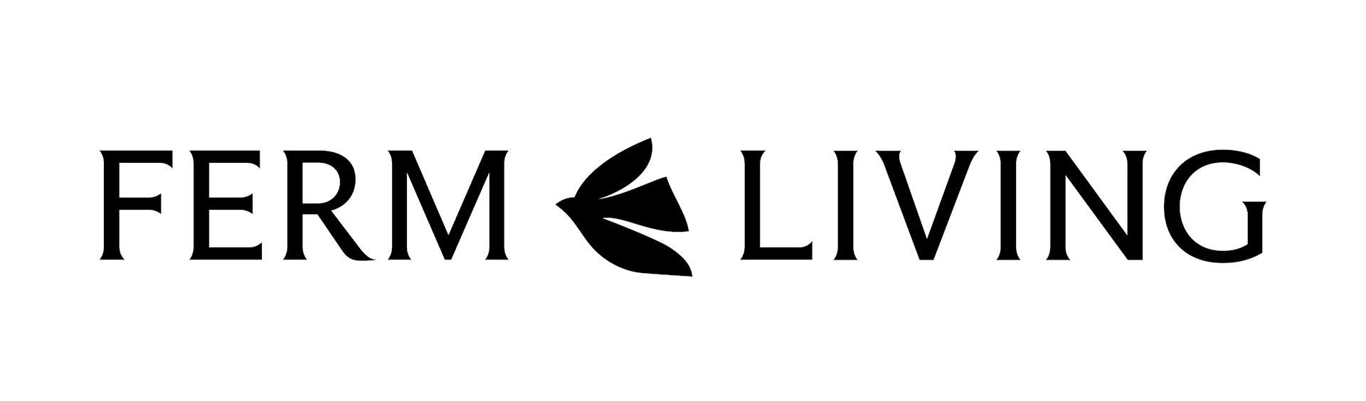 FERM LIVING -logo, jossa tyylitelty lehtikuvio sanojen välissä.