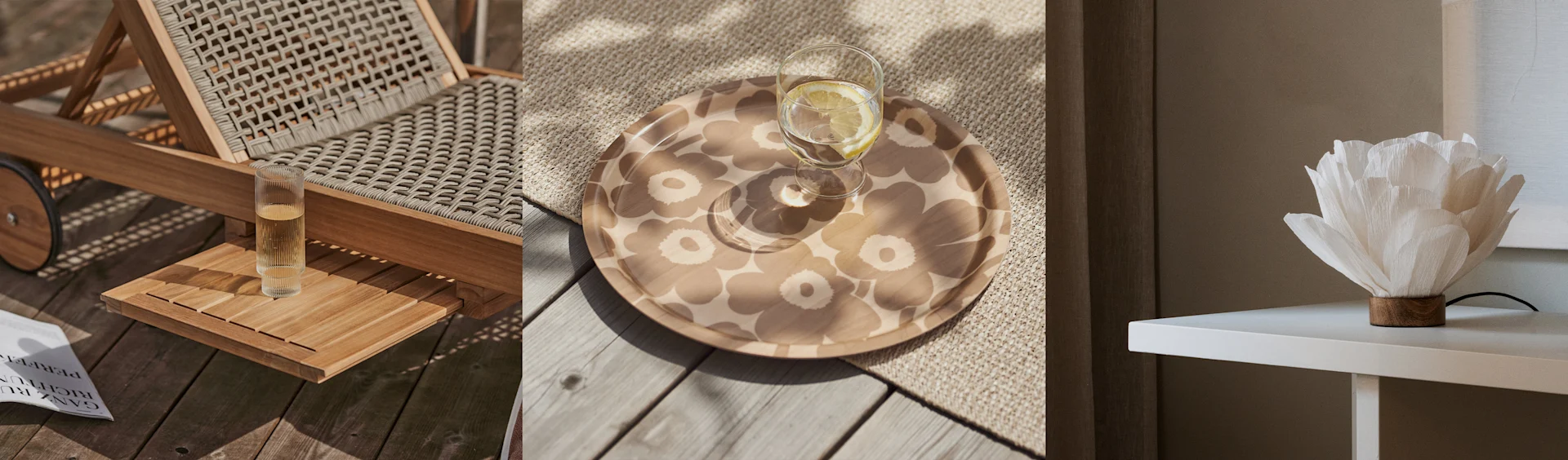 Kolme paneelia. Vasemmalla: Punoslepotuoli, lasi, lehti. Keskellä: Kukallinen tarjotin ja juoma. Oikealla: Valkoinen kukkalamppu.