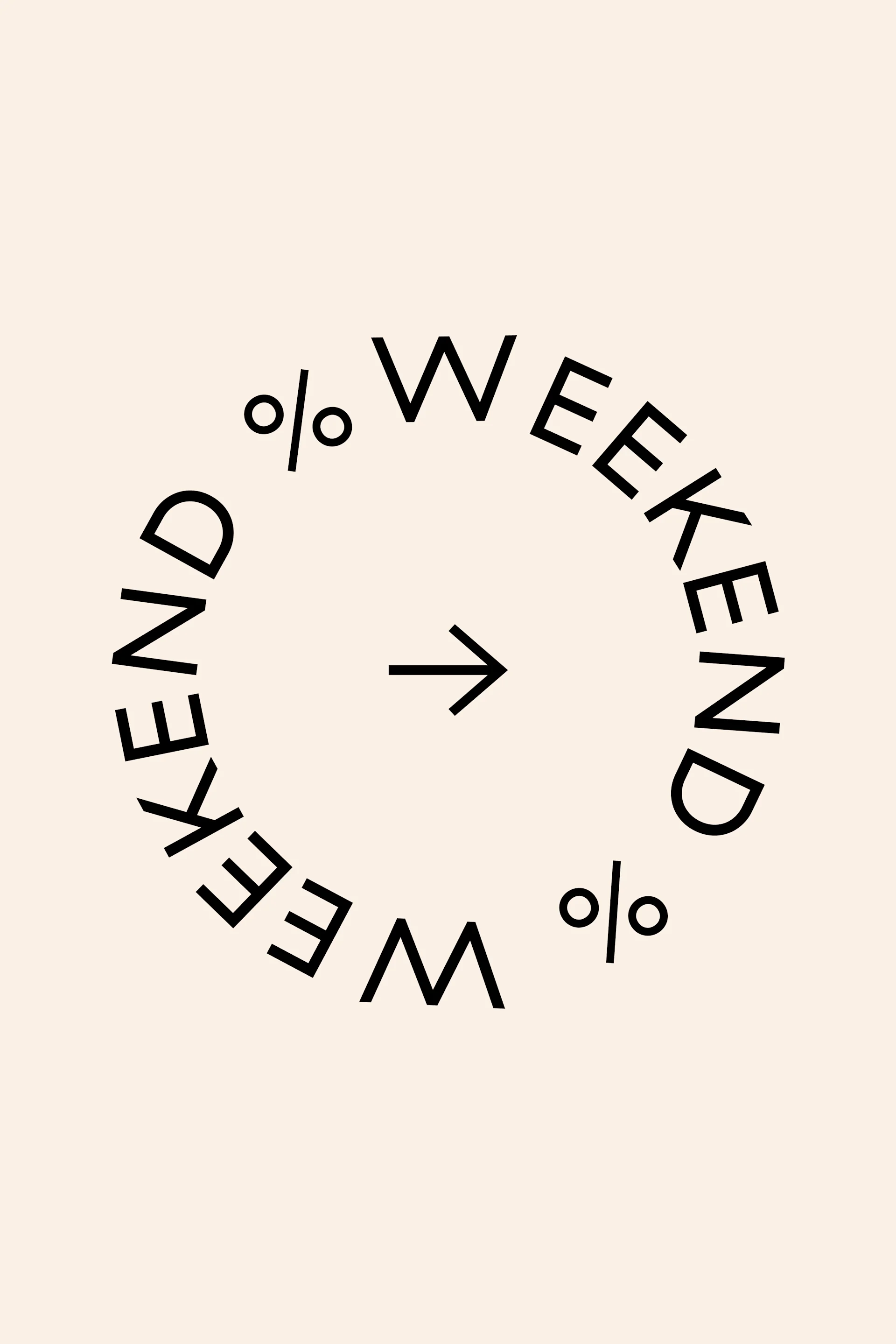 Sana "WEEKEND" ja prosenttimerkit ympyränä, oikealle osoittava nuoli keskellä.