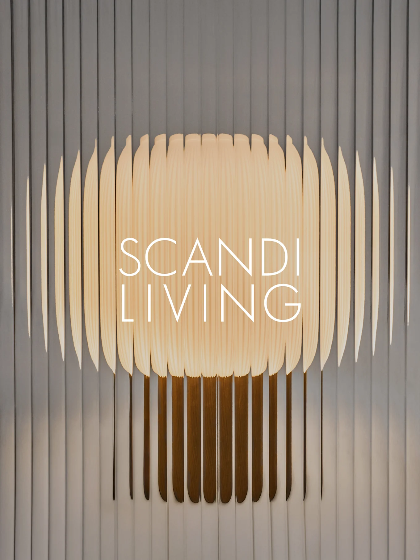 "SCANDI LIVING" -teksti vaaleasta puuliuskasta tehdyssä seinätaideteoksessa, jossa on aaltokuvio harmaata uritettua taustaa vasten.