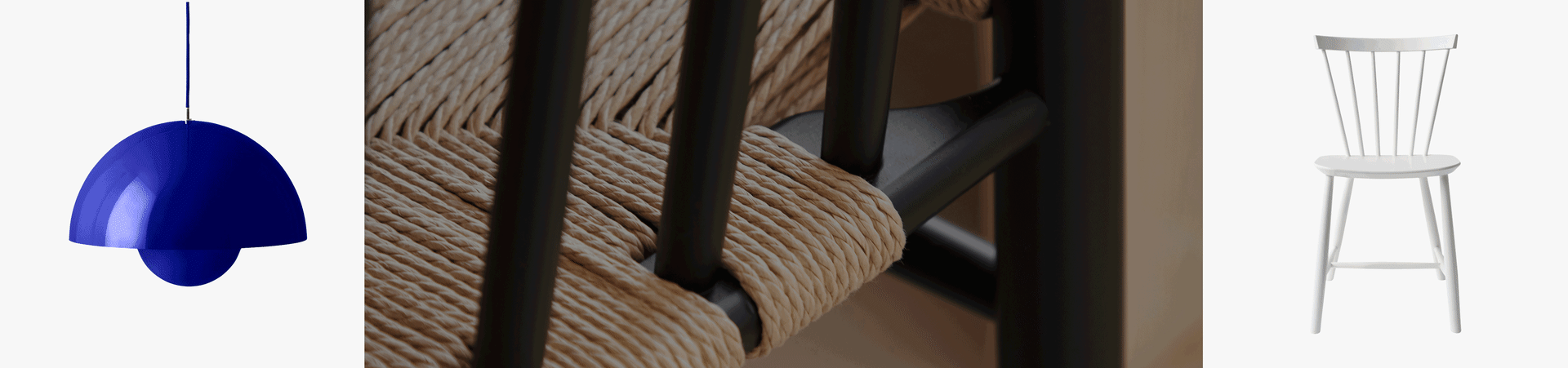 Sininen riippuvalaisin, lähikuva tuolista kudotulla luonnonkuituistuimella, ja valkoinen puinen pinnatuoli.