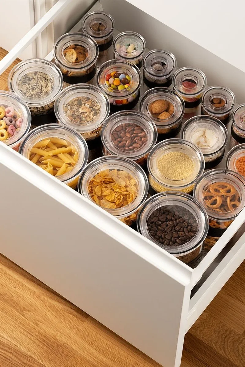 Säilytä kuivia tuotteita, kuten pastaa tai kaurahiutaleita, Bodumin Presso-purkeissa laatikossa.