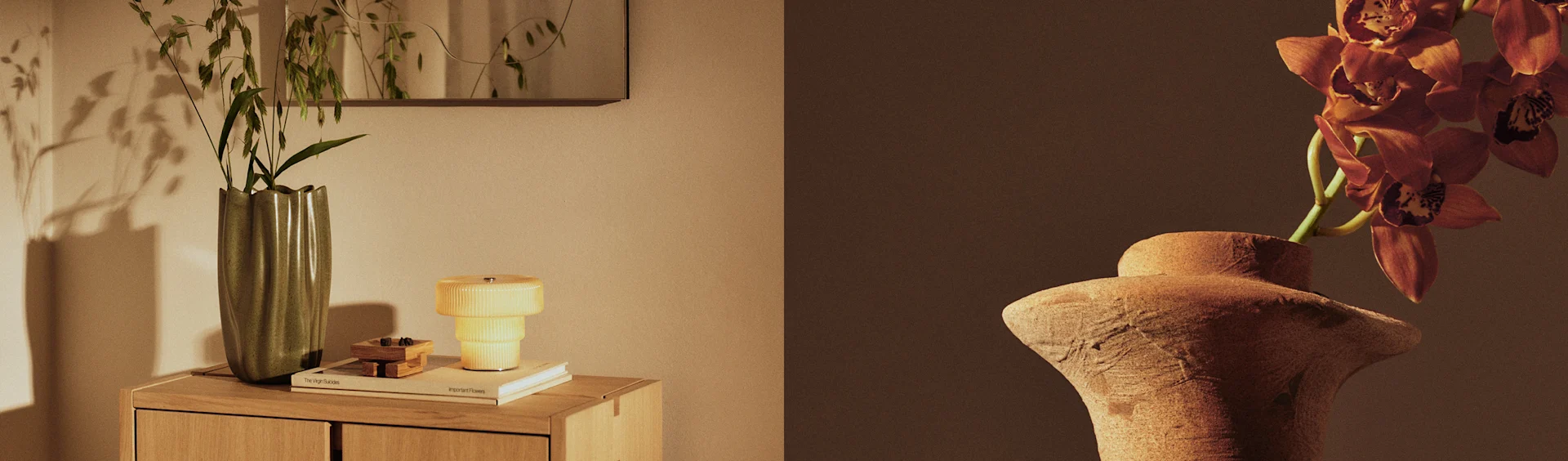 Kaksi maljakkoa esittelee kasveja, toinen vihreä maljakko lehtineen kaapilla keltaisen lampun vieressä ja toinen terrakottamaljakko oransseine orkideoineen.