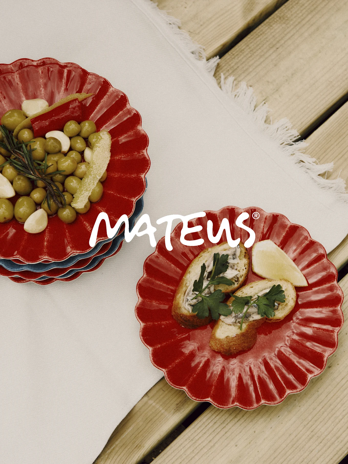 Punaiset simpukkalautaset, joissa oliiveja, valkosipulia, rosmariinia ja leipää anjoviksilla puupöydällä. MATEUS-brändi.