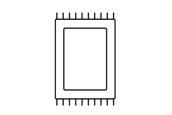 Suorakulmaisen maton ääriviivat, jossa hapsut ylä- ja alareunassa.
