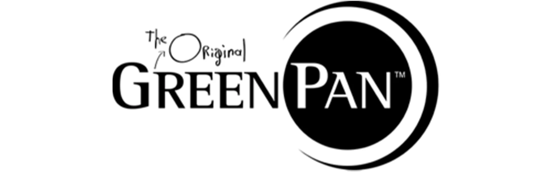 GreenPan-logo, jossa 'The Original' käsikirjoitustyylillä 'GreenPan'-sanan yläpuolella, osittain mustassa ympyrässä.